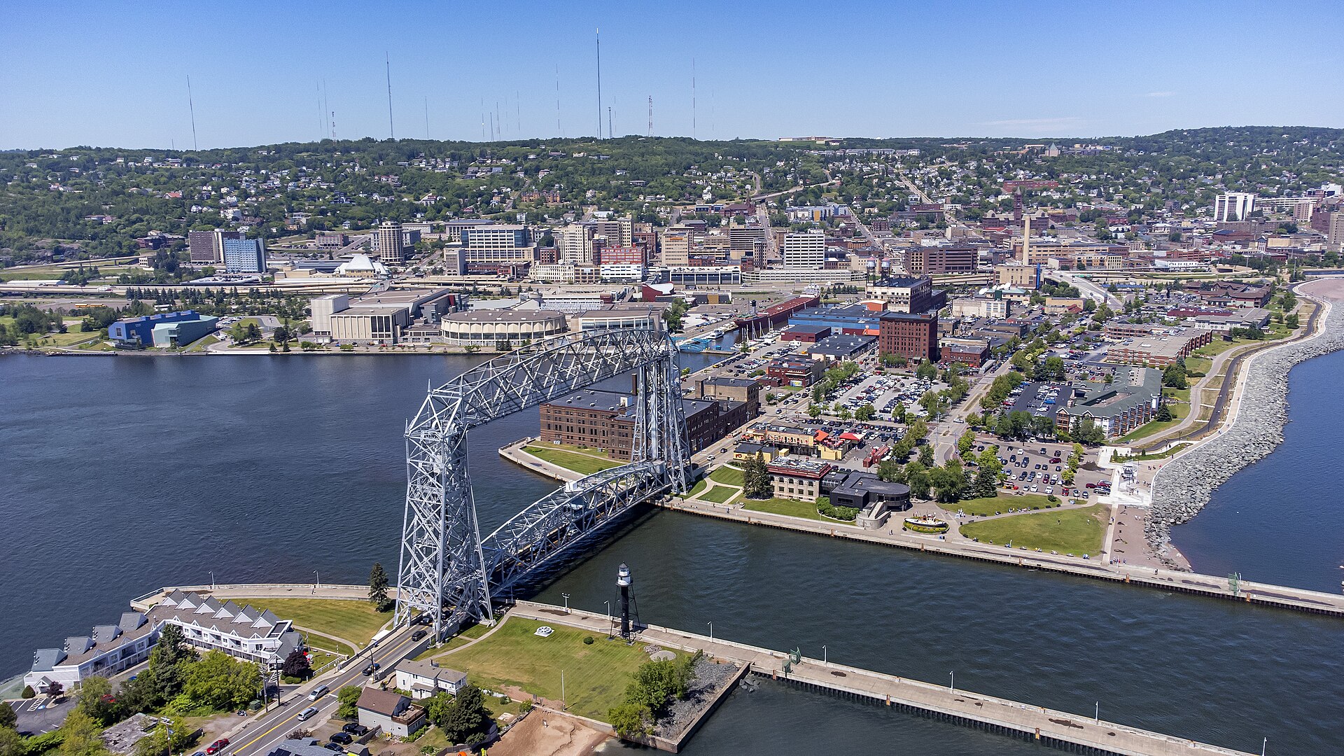 Aerial view of Duluth, Minnesota, featuring the Aerial Lift Bridge.