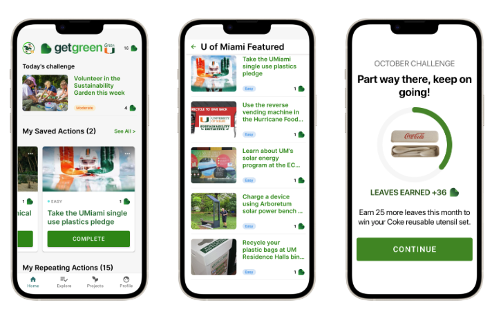 Three GetGreen app screens showing University of Miami eco-actions, featured campus actions, and progress toward an October Challenge prize