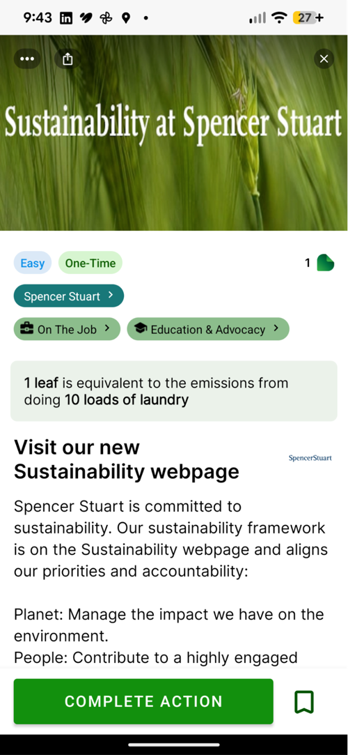 GetGreen app showing the Sustainability at Spencer Stuart action page.