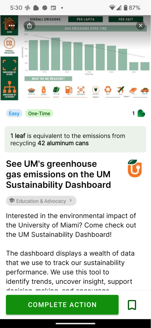 UM greenhouse gas emissions dashboard action in the GetGreen app.