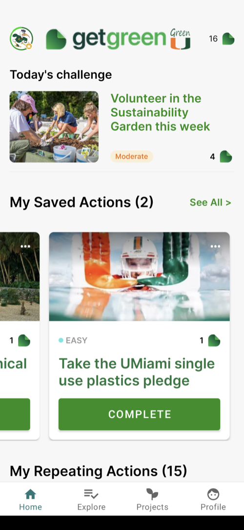 GetGreen app showing volunteer sustainability garden challenge.