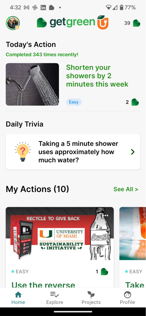 GetGreen University of Miami app home screen.