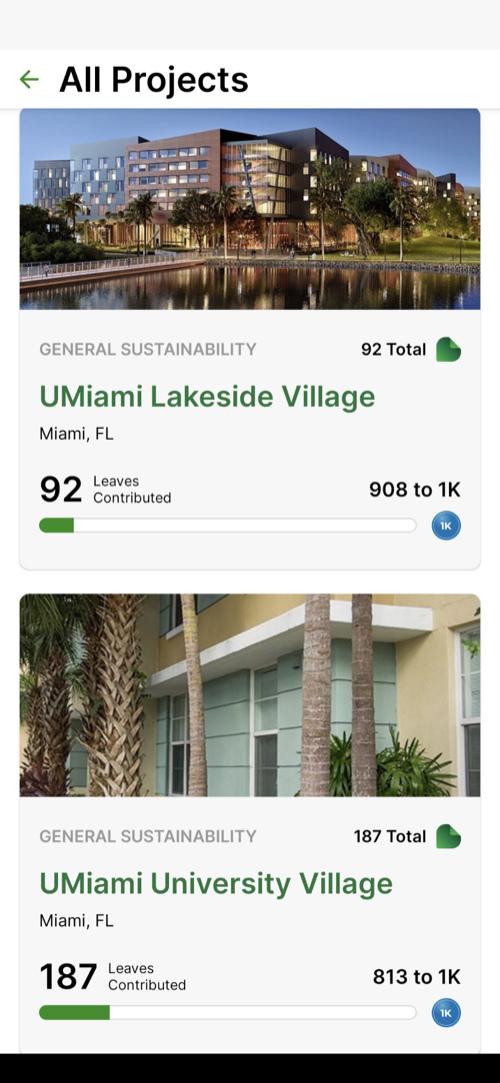 GetGreen projects showing UMiami Lakeside Village and University Village teams.