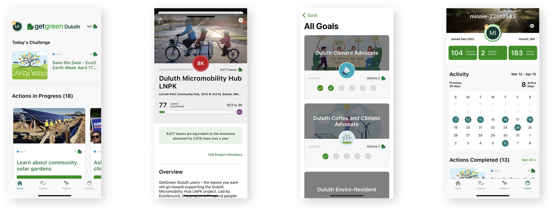 GetGreen Duluth app screens showing actions, leaderboards, goals, and progress.